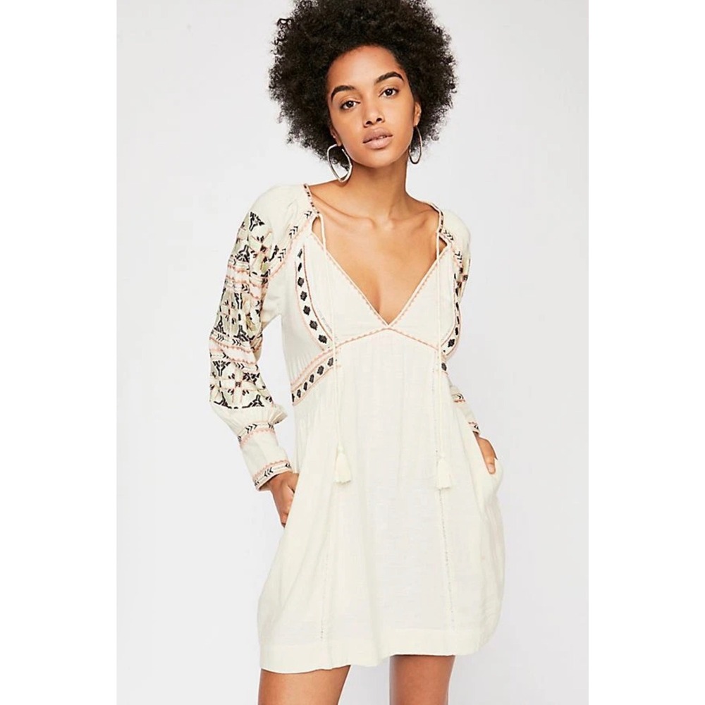 Free People All My Life Embroidered Mini Dress Cream Boho Tassel V-Neck S P